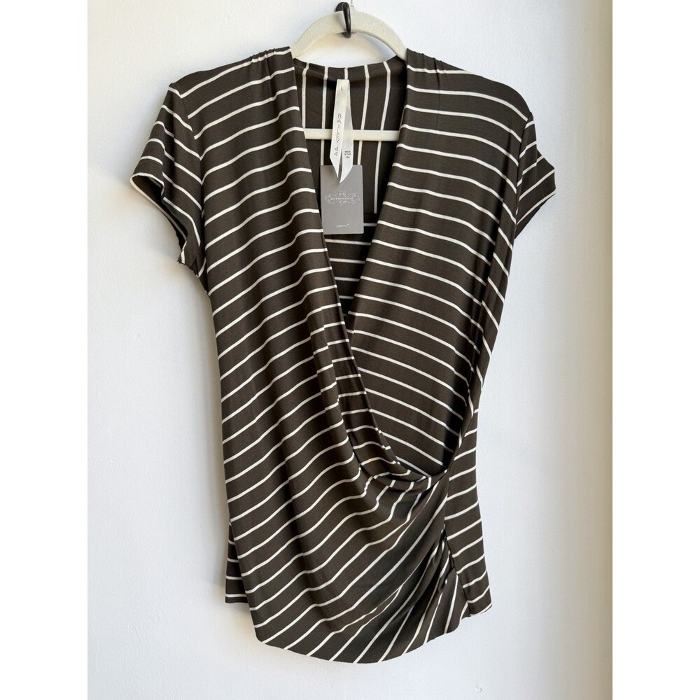 Bailey 44 Anthropologie  Top Striped Olive White Knit  V Neck Size L NWT
